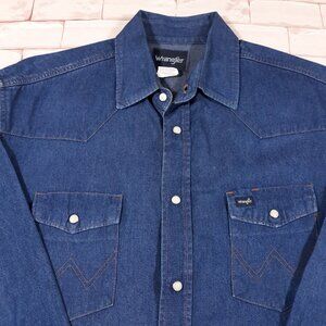 Wrangler Denim Shirt Mens Size 17 - 36 Cowboy Western Snaps Blue Vintage Heavy